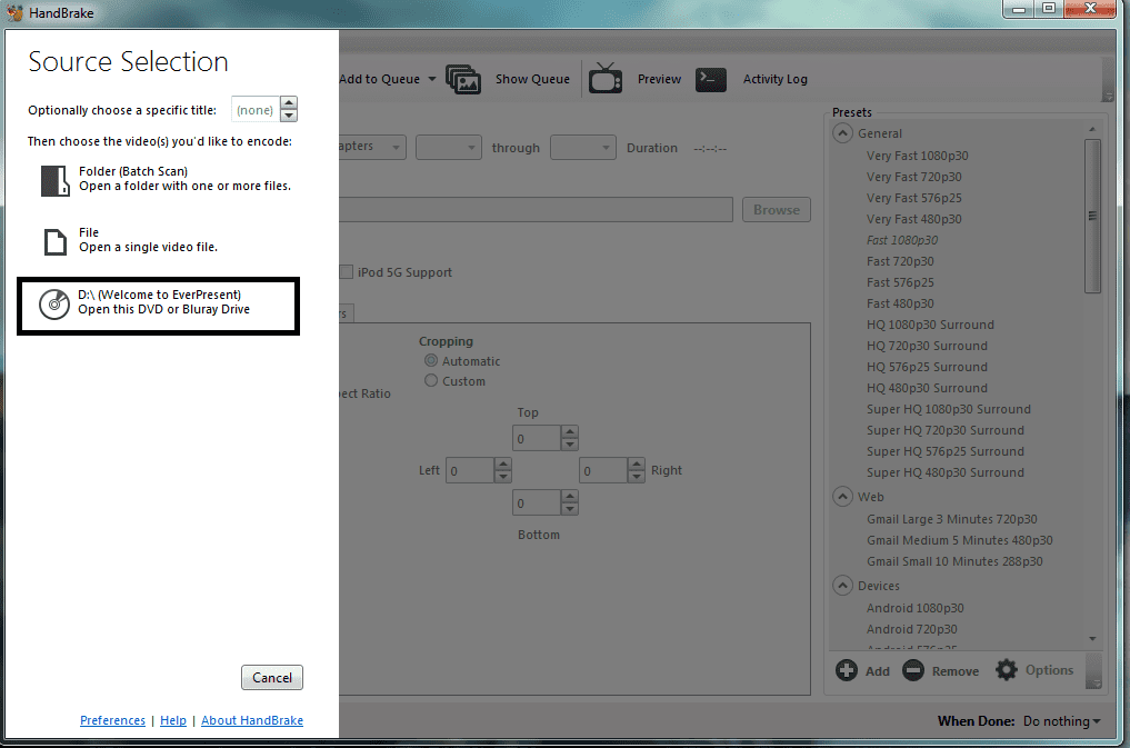 source selection screenshot in handbrake