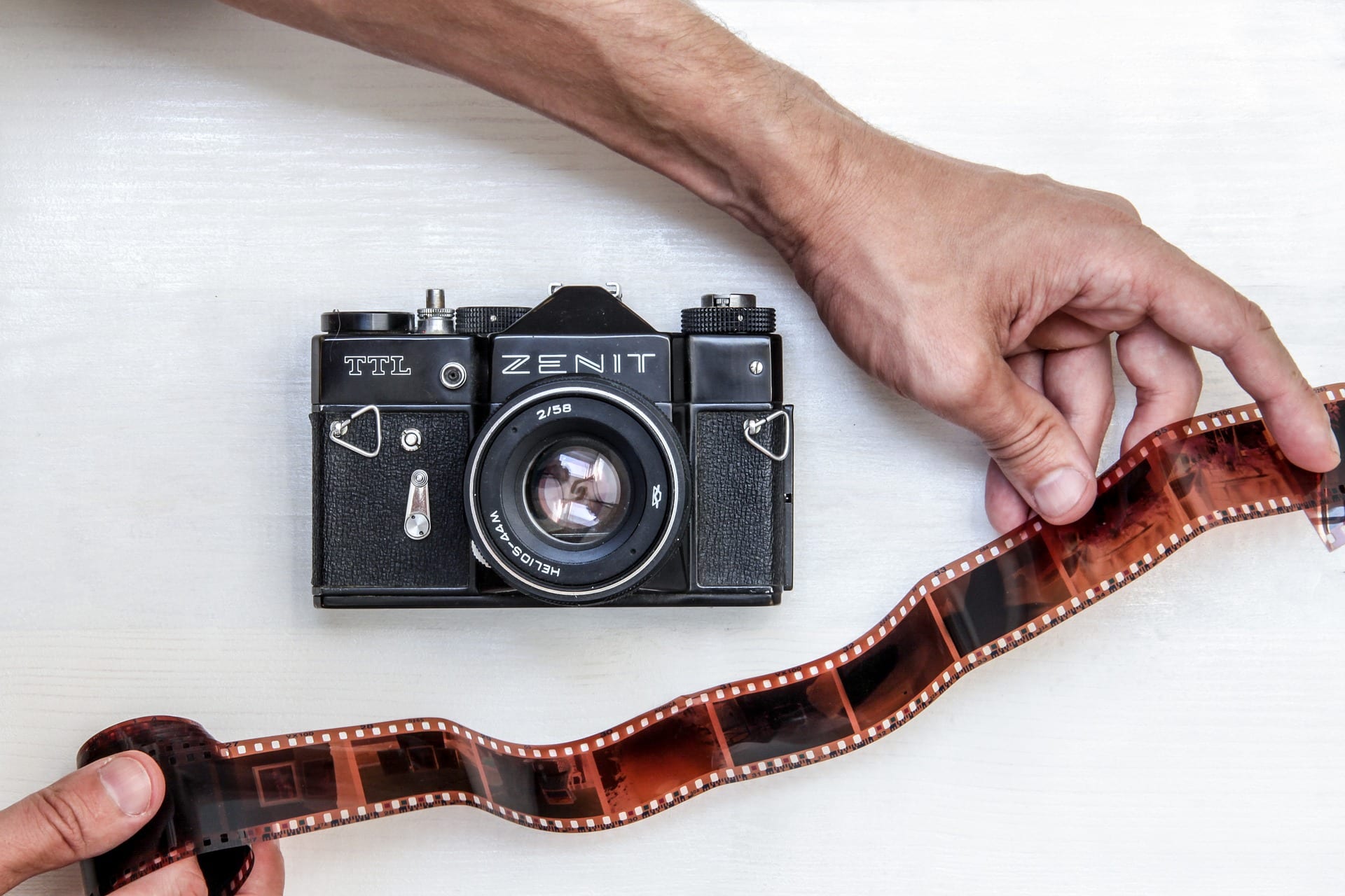 vintage camera and 35mm negative film strip