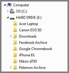 screenshot of a folder tree on PC displaying different folders inside of an external hard drive