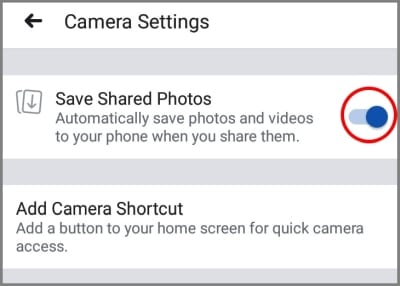 screenshot of Facebook app camera settings with red circle around the Save Shared Photos button