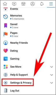 screenshot of Facebook app menu drop-down with arrow pointing to the Settings and Privacy option