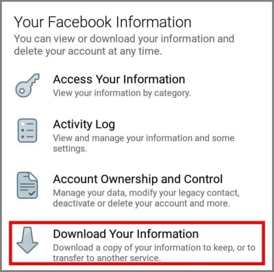screenshot of the Your Facebook information section of the Facebook app settings menu with an arrow pointing to the Download Your Information option
