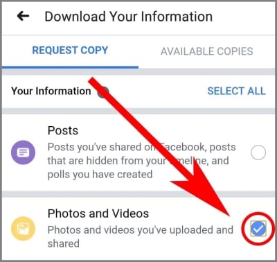 screenshot of the Facebook app Download Your Information section with an arrow pointing to the Photos and Videos button
