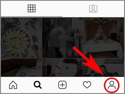 screenshot of Instagram app home screen with arrow pointing to the profile icon
