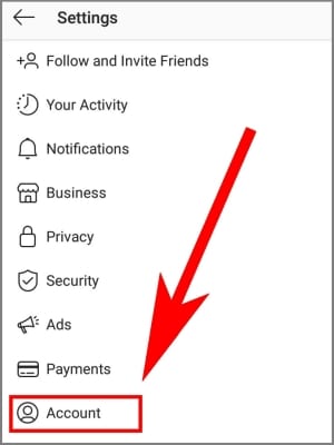 screenshot of Instagram app settings drop-down menu with arrow pointing to the Account option