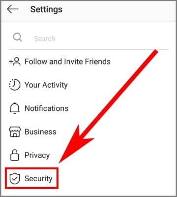 screenshot of the Instagram app Settings menu with an arrow pointing to the Security option