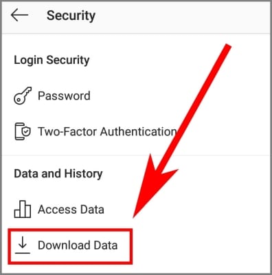 screenshot of the Instagram app Security section with an arrow pointing to the Download Data option