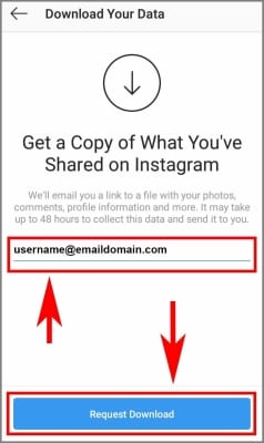screenshot of the Instagram app Download Your Data screen with arrows pointing to the email address field and the Request Download button