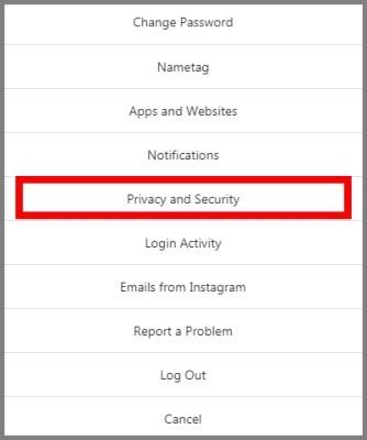 screenshot of the Instagram desktop site Settings drop-down with a red box drawn around the Privacy and Security option