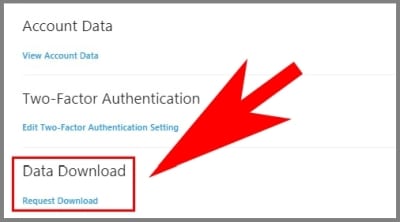screenshot of the Instagram desktop site Data Download section of the Privacy and Security menu with an arrow pointing to the Request Download option