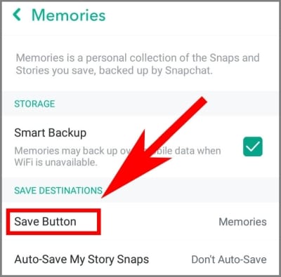 screenshot of the Snapchat memories menu with an arrow pointing to the save button option