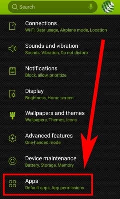 screenshot of an android phone settings menu with an arrow pointing to the apps option