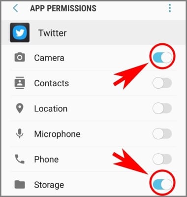 screenshot of an android app permissions menu with arrows pointing to the camera and storage buttons