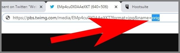 screenshot of the image URL in the address bar of the Twitter desktop site with an arrow pointing to the highlighted term orig at the end of the url