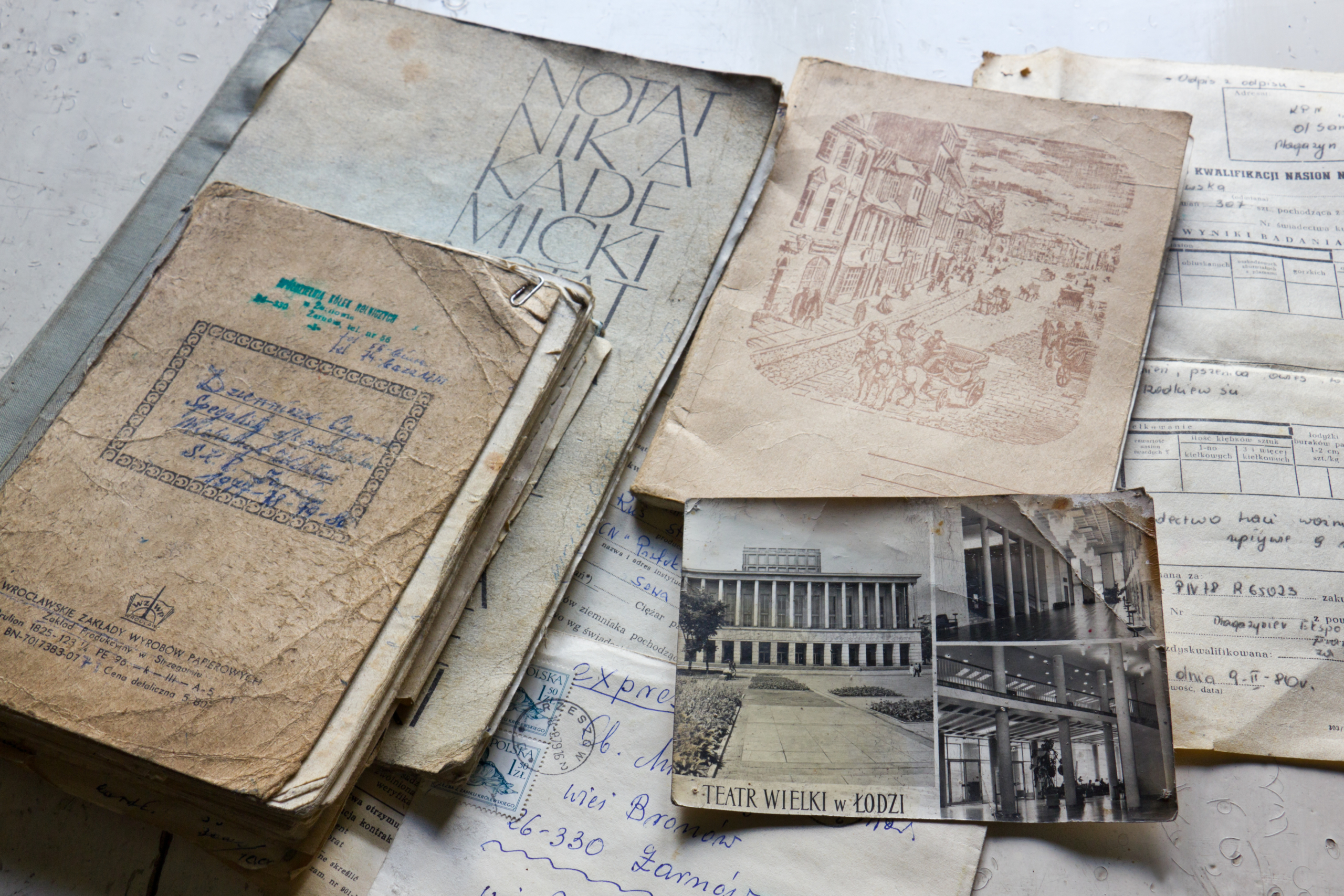 Photo shows an old documents, papers, notebooks and postcard.