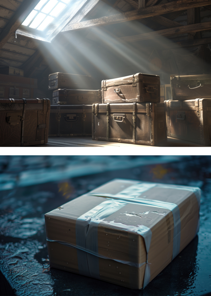 Dusty attic filled with vintage trunks, rays of light illuminating forgotten memories. A box soaked in water.