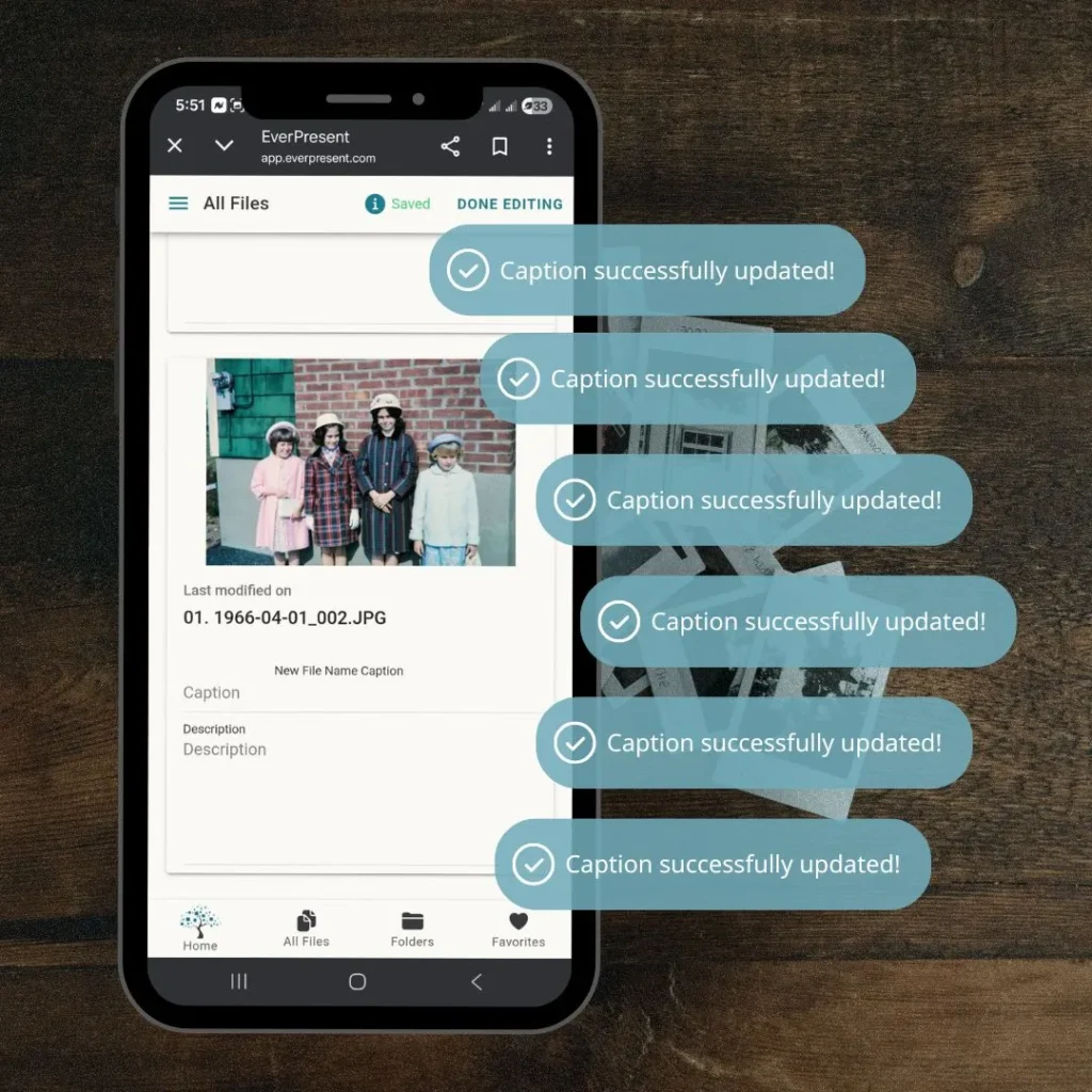 Cell phone showing how captions are saved in the EverPresent App
