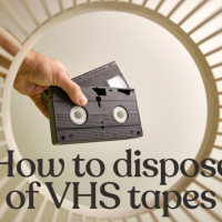 text: "how to dispose of VHS tapes" over an image of two vhs tapes being thrown in a waste basket