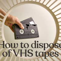 text: "how to dispose of VHS tapes" over an image of two vhs tapes being thrown in a waste basket